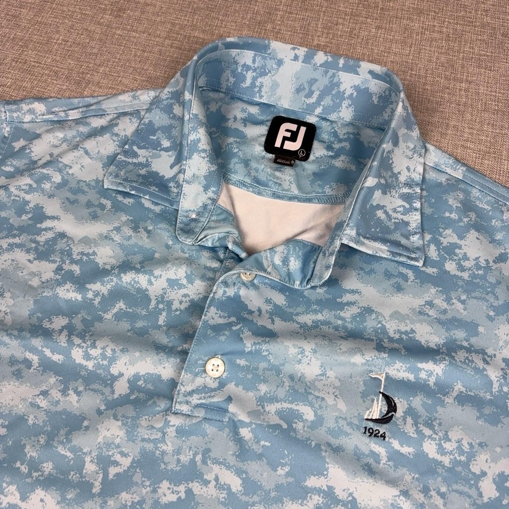 FootJoy Golf Polo Shirt Mens Large Blue Camo Stretch Jersey 1924 Short Sleeve